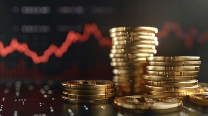 Poster - Stack of gold money coin with trading graph, financial investment