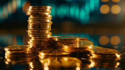 Poster - Stack of gold money coin with trading graph, financial investment