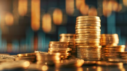 Aufkleber - Stack of gold money coin with trading graph, financial investment