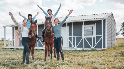 Poster - Celebration, equestrian or horse riding with teachers and children on farm or ranch for training. Cheering, motivation and portrait of kids on horseback with riding instructor team in countryside