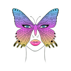 Canvas Print - Colorful  butterfly covers a woman's face.