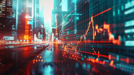 Aufkleber - Stock market business concept. Financial graphs and digital indicators with modernistic urban area and skyscrapers