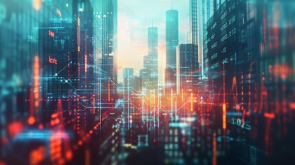 Aufkleber - Stock market business concept. Financial graphs and digital indicators with modernistic urban area and skyscrapers