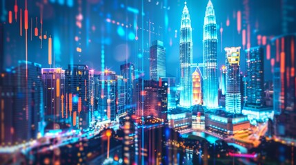 Aufkleber - Stock market graph hologram, night panorama city view of Kuala Lumpur.