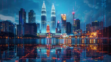 Aufkleber - Stock market graph hologram, night panorama city view of Kuala Lumpur.