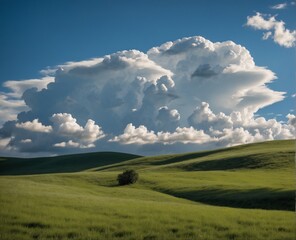 Wall Mural - AI generated illustration of white clouds drifting across a bright blue sky over a green field