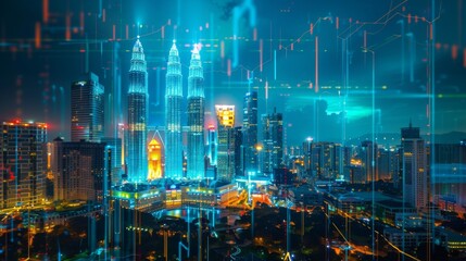 Aufkleber - Stock market graph hologram, night panorama city view of Kuala Lumpur.