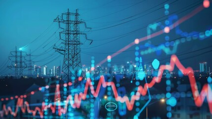 Poster - stock market graph with electric pole with blue black energy business