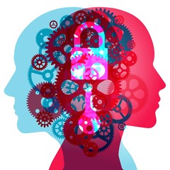Wall Mural - Human heads with gears and padlock representing conceptual security of thoughts and information.