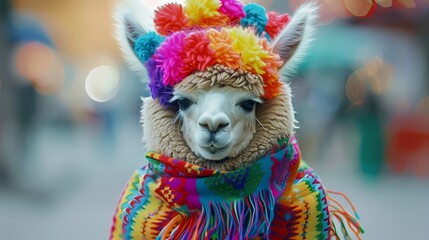 Wall Mural - A fluffy baby alpaca adorned with a colorful poncho and pompom hat