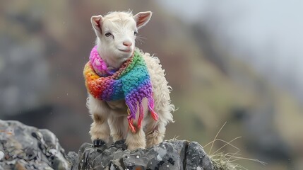 Wall Mural - A fluffy baby goat in a rainbow-colored scarf, climbing a rocky hill
