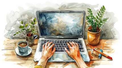 Wall Mural - Human hands typing on laptop keyboard, hand writing in notebook. Laptops with hands, coffee cup. Computing, working online, freelancing, education concept. Hand drawn isolated Vector illustrations