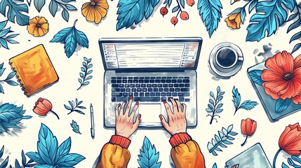 Wall Mural - Human hands typing on laptop keyboard, hand writing in notebook. Laptops with hands, coffee cup. Computing, working online, freelancing, education concept. Hand drawn isolated Vector illustrations