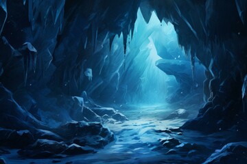 Mystical digital art depiction of an icy cavern illuminated by ethereal moonlight