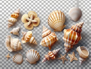 A collection of seashells and starfish on a clear background. The seashells come in various shapes and sizes, with some having stripes and others being more rounded