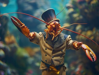 A man dressed in a suit and top hat is posing with a lobster. The image has a whimsical and playful mood, as the lobster is not a real creature but a man in a costume. The scene is set in a fish tank