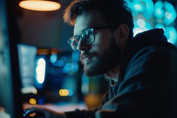 Software engineer and guy working on computer for writing code or protecting data in workplace