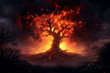 Dramatic illustration of a tree ablaze against a dark, star-filled sky
