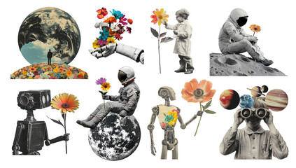 Wall Mural - galaxy with flower collage png on transparent background