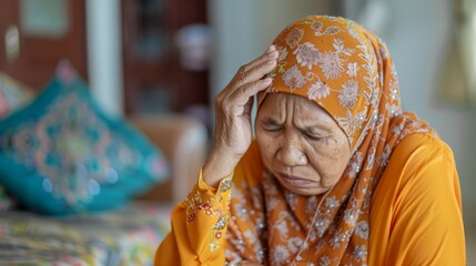 An older Muslim woman wearing a headscarf holds her hand to her head in discomfort