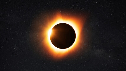 Wall Mural - amazing solar eclipse with yellow rays of light on the starry sky. sun and moon in space