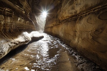 Wall Mural - Sunlight streaming through a narrow opening in a rugged cavern with a reflective water stream