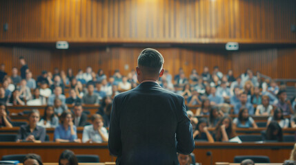 a university professor giving a lecture to a large group of attentive students in a lecture hall, il