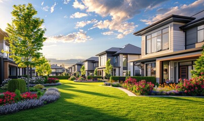 Wall Mural - A modern residential house in a suburban neighborhood with featuring clean lines, large glass windows, and a well-manicured lawn, during a sunny afternoon