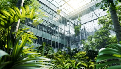 An architectural image featuring a modern glass building surrounded by lush greenery, emphasizing eco-friendly business environments
