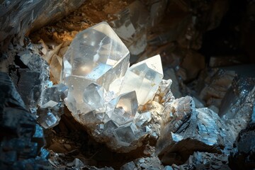 Aufkleber - A captivating image of a large, glowing crystal formation nestled among other minerals in a cave's darkness