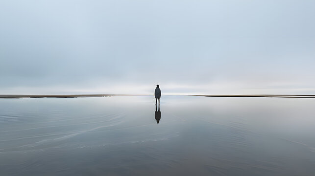 A person stands alone on a serene, reflective beach with a cloudy sky overhead. The expansive, minimalist setting conveys themes of solitude, contemplation, and peace