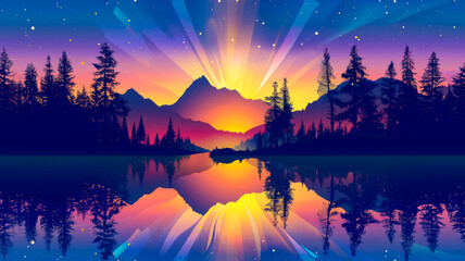 Wall Mural - A beautiful landscape with a sun setting in the background