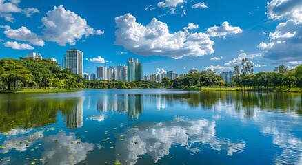 Wall Mural - A large lake in the park with green trees, blue sky and white clouds above it. In front of you is an urban skyline with tall buildings reflecting on the water surface