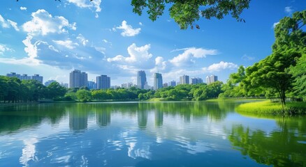 A large lake in the park with green trees, blue sky and white clouds above it. In front of you is an urban skyline with tall buildings reflecting on the water surface