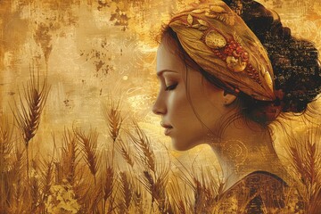Demeter Surrounded by Golden Fields of Wheat with Warm Natural Lighting

