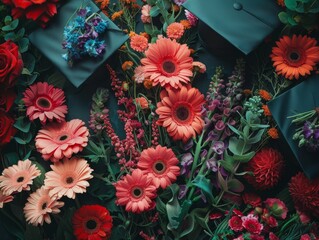 Canvas Print - Creative layout made of various graduation hats and flowers with copy space for text, flat lay of delicate colorful bouquets，Colorful Graduation Caps and Floral Arrangement - Celebrating Knowledge in 