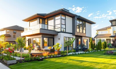 Wall Mural - A modern residential house in a suburban neighborhood with featuring clean lines, large glass windows, and a well-manicured lawn, during a sunny afternoon