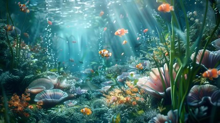 Wall Mural - about abstract nature underwater garden growth with seashells and fish