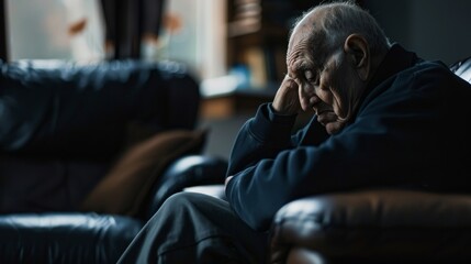 An elderly Latin Mexican man sits in a chair, looking sad and frustrated in a living room