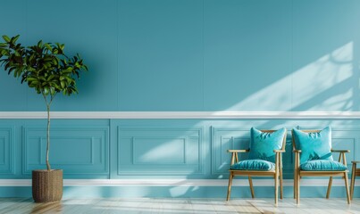 A light blue wall with white paneling, two wooden chairs in turquoise fabric and an indoor tree on the table