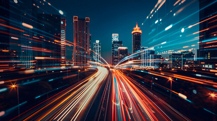 Abstract background of high speed global data transfer and super fast broadband in futuristic tech city at night, high speed internet and big data connection technology