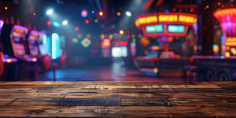 The game room is filled with colorful arcade games night city street background