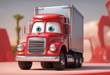 Wall Mural - A cartoon artistic image of a cute red toy bus.