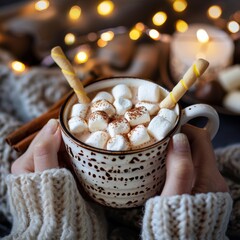 Wall Mural - Cocoa cup with marshmallows, wafer sticks. Chocolate drink in hands closeup, holiday winter dessert