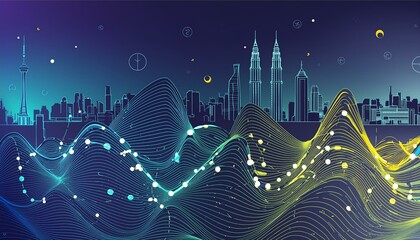 concept technology connection data big design line wave intricate aesthetic gradient connect point dot abstract city smart kuala lumpur skyline landscape code colours colourful