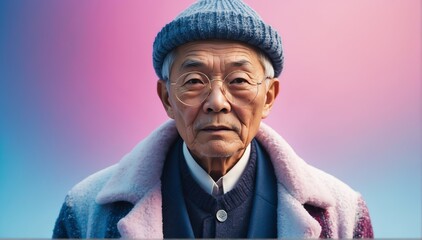 Wall Mural - elderly asian handsome guy model winter fashion portrait on bright background