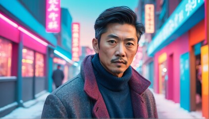 Poster - middleaged asian handsome guy model winter fashion portrait on bright background