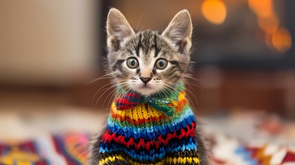 Wall Mural - A small cheerful kitten dressed in a colorful sweater and bow tie