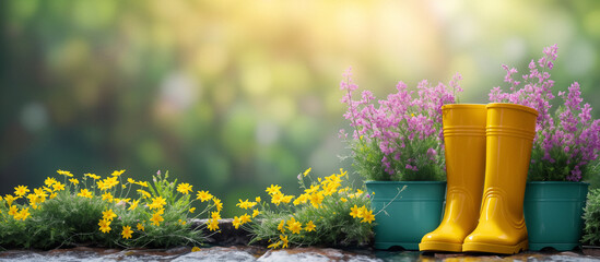 Spring background with yellow rubber boots in the garden. AI Generative