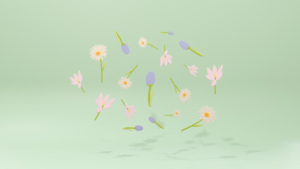 Wall Mural - tulip, daisy, and crocus on a green background in a cute plastic decoration art style spring floral concept,3D illustration